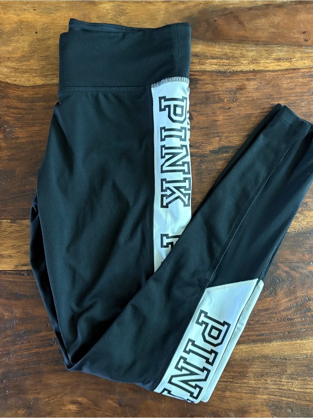 Victoria's Secret PINK Black Leggings with White Logo Mesh Calf Sz S